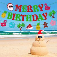 Bannière Joyeux Noël et Joyeux Anniversaire, Décorations de Fête Hawaïenne, Décorations de Fête Tropical d'Été Noël Flamant Rose Ananas Plage