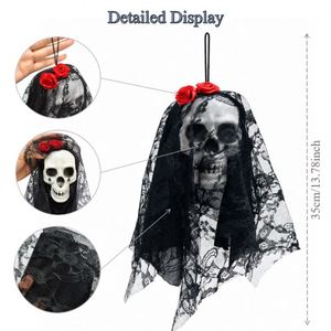 <b>Halloween</b> Party Haunted House <b>Decor</b> Gothic Lace Ornament With Veil & Red Rose Spooky Indoor Outdoor Hanging Skull - Product Image 2