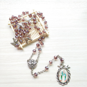 Cuentas de <span class=keywords><strong>Rosario</strong></span> de cristal violeta AB, colgante de <span class=keywords><strong>La</strong></span> <span class=keywords><strong>Virgen</strong></span> María, pájaro, paloma blanca, Espíritu <span class=keywords><strong>Santo</strong></span>, cuentas de 6*8mm, rosarios católicos - Product Image 4