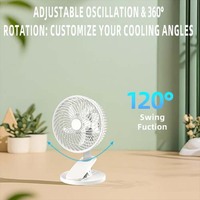 Ventilateur à pince rechargeable 8'' avec LED nocturne, ventilateur de bureau oscillant à moteur sans balais 3 vitesses, batterie lithium 3Ah, alimentation double AC/DC