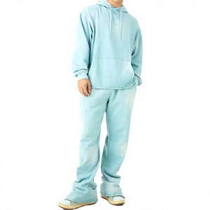 Survêtement unisexe bleu clair à capuche, coupe droite, couleur unie, décontracté, avec poches latérales, en coton respirant, pour l'hiver - Product Image 1