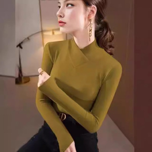 Women's High Neck Long Sleeve Base <b>Layer</b> <b>Top</b> Mustard Yellow Slim Fit Autumn Winter Warm Inner Wear Daily Leisure Wear - Product Image 1