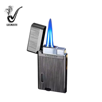 Briquet à double flamme bleue à impact direct, coupe-vent, au gaz butane, en métal, avec logo laser personnalisé, pour cigarettes et cigares