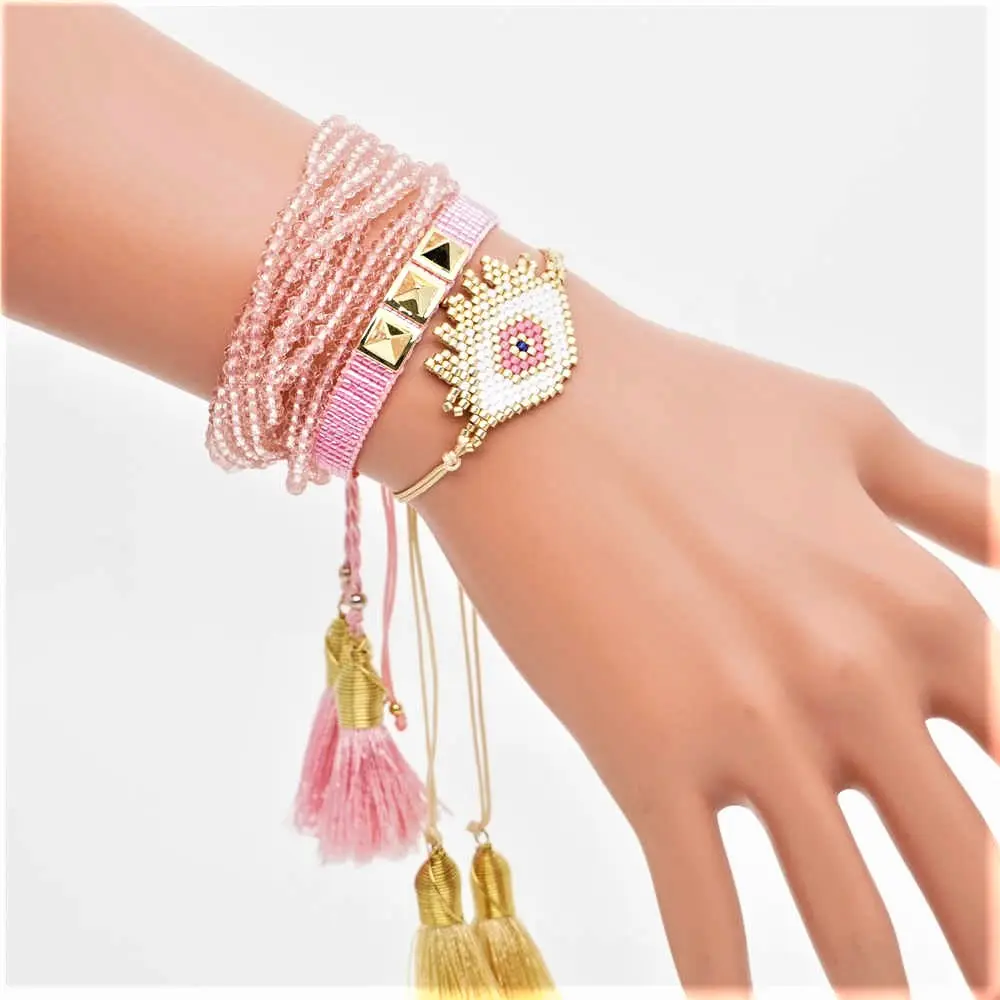 Wholesale armband woven tassel boho heart eye miyuki seed bead bracelet set for women's accessories