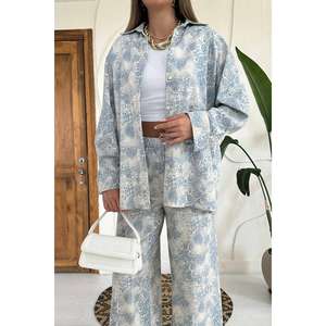 Ensemble de costume en lin pour femme, bleu imprimé, pantalon large respirant, veste, tenue deux pièces - Product Image 2