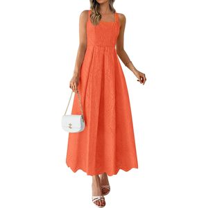 Robe longue d'été sans manches pour femme, col carré, à œillets, coupe trapèze fluide, pour les vacances à la plage, en tissu tissé respirant - Product Image 1