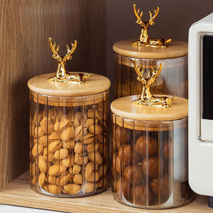 Pot à épices en verre doré à thème cerf, couleur ambre, avec couvercle en bois, récipient de rangement pour la cuisine, pour le thé et les fruits secs - Product Image 2