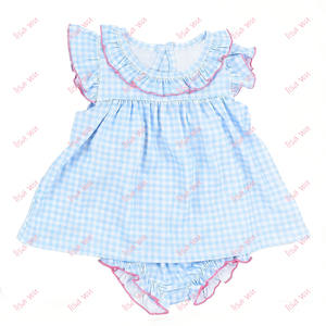 Completi coordinati per fratelli e sorelle, abiti con monogramma e maniche a tazza per ragazze, set di pantaloncini in <span class=keywords><strong>maglia</strong></span> a quadretti blu, set di abbigliamento per bambini - Product Image 5