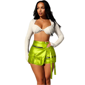 G0659 New Collection Wholesale 2026 Summer <strong>Girls</strong> <strong>Shorts</strong> Mini <strong>Shiny</strong> PU Leather <strong>Short</strong> for Women A-line Cargo Pocket Women's <strong>Shorts</strong> - Product Image 2