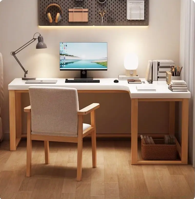 Tam-katı ahşap köşe masası kitaplık kombinasyonu l-şekilli köşe köşe bilgisayar masası çift ofis masası ve sandalye