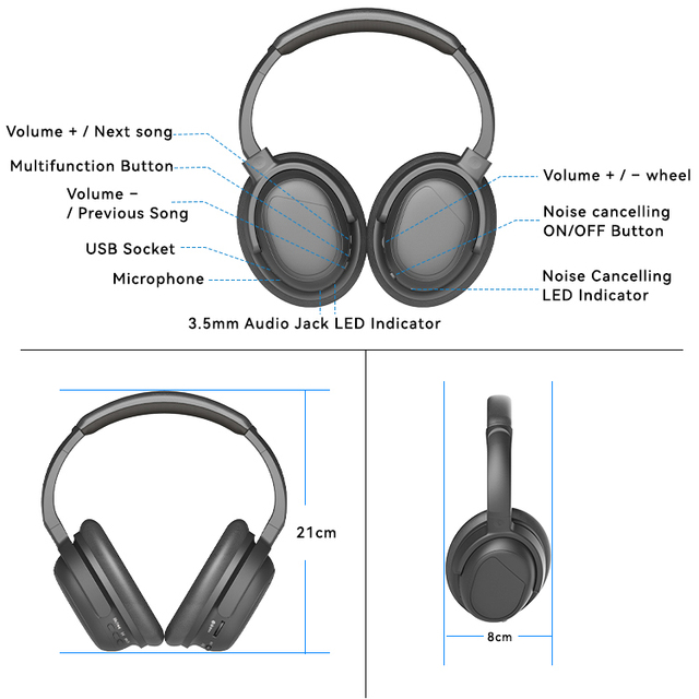 Bluetooth V5.2 Over-Ear ANC Headphones Qualcomm Chipset Active Noise Cancelling 3.5mm Wired Stereo Jack Wireless Headset