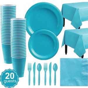 Ensemble de vaisselle jetable personnalisé avec logo, 142 pièces, pour fête d'anniversaire, comprenant assiettes en papier, nappe, gobelets, serviettes, couteaux, fourchettes et cuillères - Product Image 6