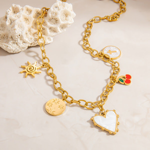 Collar de Acero Inoxidable con Colgante de Corazón, Cereza y Sol, Chapado en Oro de 18K, Gargantilla, Joyería de Regalo - Product Image 3