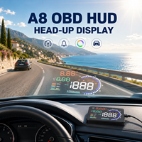 Projecteur de pare-brise A8 OBD HUD avec compteur de vitesse LED, alarme de survitesse et lumière ambiante à dégradé de couleur pour voitures universelles