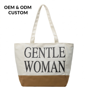 Sac fourre-tout en toile épaisse <span class=keywords><strong>bicolore</strong></span> grande capacité avec fermeture éclair, entièrement doublé, imprimé lettres, sac à bandoulière en toile <span class=keywords><strong>bicolore</strong></span> avec poche intérieure - Product Image 1