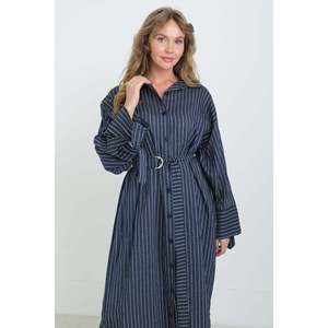 Puane Women's Elegant <b>Navy</b> Blue Striped Tunic Shirt with Adjustable Belt and <b>Tie</b>-Detail Sleeves for Casual and Office Wear - Product Image 4