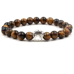 Europe and America Bears Paw Charm Bracelets 8MM Natural Tiger Eyes Map Stone Agate Beaded Bracelets for Men