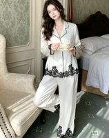 Französischer Stil Einfarbiges Damen-Pyjama-Set in Voller Länge mit Umlegekragen Langarm-Satin-Nachtwäsche und Elastischer Taille