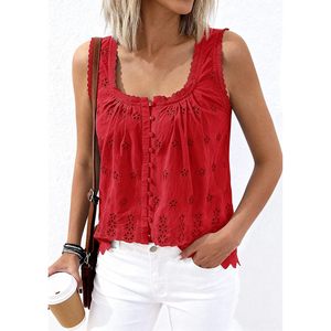 Womens Tank Tops <b>Red</b> Embroidered Eyelet Button Down Summer Casual <b>Blouse</b> Breathable Cotton Top Beach Vacation Clothes - Product Image 3
