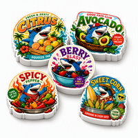 Autocollant personnalisé avec logo de marque, motif dessin animé, requin, fruits, légumes, en vinyle découpé, imperméable, pour emballage alimentaire et boîte en carton
