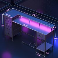 Long bureau d'ordinateur éclairé par LED 5 tiroirs classeur pliable en MDF pour la maison étude chambre travail prises de courant stockage