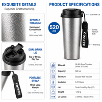 Gobelet isotherme en titane pur 520 ml avec couvercle à paille 2-en-1, tasse thermique portable en titane pour voiture, maison, bureau