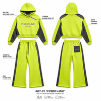 Ensemble de survêtement 2 pièces en molleton 500 GSM Acid Lime, comprenant un sweat à capuche court color block et un pantalon de survêtement à ourlet évasé à micro-clous, style streetwear, avec logo personnalisé