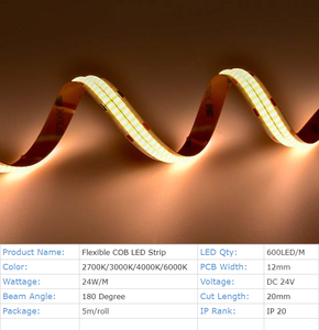 Tira de Luz LED Flexible COB de Doble Fila, 600 LED/m, 12 mm de Ancho, 2700K 3000K 4000K 6500K, Sin Puntos, CRI90, DC24V, No Impermeable - Product Image 2