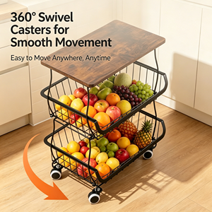 2-Tier <b>Rolling</b> Kitchen Cart Wooden Top Wire Storage Basket Utility Trolley <b>Fruit</b> Vegetable Organizer Rack For Pantry Home - Product Image 6