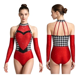 Justaucorps de gymnastique rythmique pour femme, orné de cristaux en forme de cœur, col licou, bretelles dorsales, manches, tenue de compétition scintillante - Product Image 2