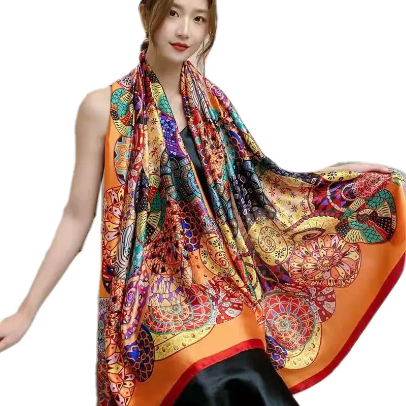 Klaar Om Groothandel Vrouwen Mode Zijden Sjaal Oblong Bloemen Gedrukt Oversized Zachte Sjaal Beach Wrap