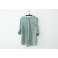 Meilleure vente e-commerce transfrontalier : Chemise femme en lin anti-UV à manches longues boutonnée, couleur unie, coupe ample, style artistique
