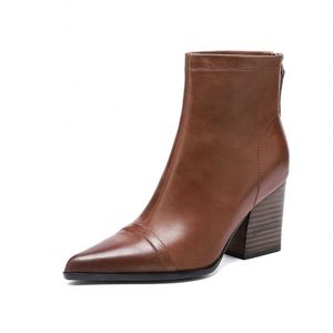 Botines Cialisa Sexys de Punta Puntiaguda para <span class=keywords><strong>Mujer</strong></span>, Otoño Invierno, Transpirables, de Cuero Genuino, Tacón Cuadrado, Tacones Altos, Botines Cortos - Product Image 5