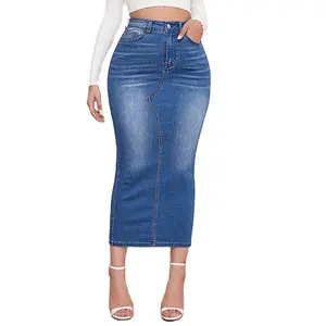 Custom back split denim high waist long skirts for women maxi summer jeans sexy pencil skirt