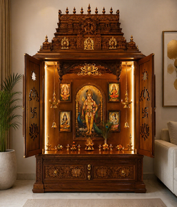 Traditional South Indian Ashta Lakshmi Pooja <b>Mandir</b> Premium Walnut Finish Hand-Carved Wooden Pooja <b>Mandir</b> With Gopurams USA - Product Image 1