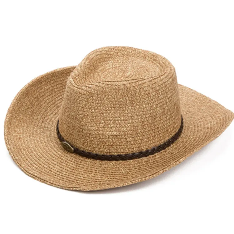 Günstige Großhandel Stroh Papier Geflecht Unisex Strand Sommer Sonnenschutz Hut Fedora Kopf bedeckung Stroh Cowboyhut