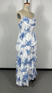 Robe de soirée longue pour femme, imprimée florale, sexy, sans bretelles, fendue, multi-couches, à volants, antistatique, naturelle, pour soirée et mode - Product Image 5