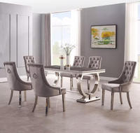 Ensemble de Table et Chaises de Salle à Manger Moderne de Villa en Acier Inoxydable Doré, Grande Table 8 Places avec Plateau en Marbre