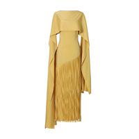 Robe de soirée asymétrique jaune à épaule unique avec cape, coupe ajustée, longueur ras du sol, élégante, personnalisée, avec pompons, pour bal de promo