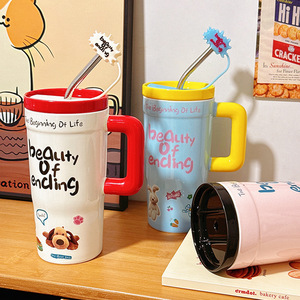 680ml Large Ceramic <b>Mugs</b> Cartoon Tea Water Cups <b>Cute</b> Coffee Tumbler with Lid and Straw - Product Image 2