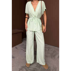 ชุดเซ็ตผู้หญิง KETEN V YAKA BELDEN BALAMALI BLUZ-PANTOLON TAKIM-Yeil - Product Image 4