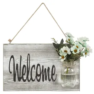 Made in China Custom Chic Whitewashed Hanging Welcome Sign with Glass Jar Home Decor Wall Plaque