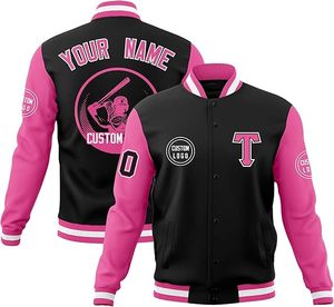 แจ็คเก็ตเบสบอลสีชมพูแบบกำหนดเองสำหรับผู้ชายและผู้หญิง แจ็คเก็ตบอมเบอร์แบบวาร์ซิตี้ ผลิตจากโรงงานมากว่า 13 ปี แจ็คเก็ตเลตเตอร์แมนผ้าฟลีซพร้อมโลโก้ปัก - Product Image 1