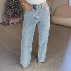 Jeans Dritti da <span class=keywords><strong>Donna</strong></span> <span class=keywords><strong>con</strong></span> Diamanti <span class=keywords><strong>Pantaloni</strong></span> Elasticizzati a Vita Alta Lavaggio Usurato <span class=keywords><strong>con</strong></span> <span class=keywords><strong>Tasche</strong></span> Denim Vintage Streetwear <span class=keywords><strong>Pantaloni</strong></span> Femminili - Product Image 4