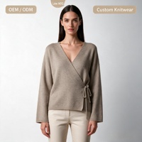 Cardigan en maille tricotée à l'ordinateur 100 % polyester pour femme, col en V, à lacets – Respirant, séchage rapide, anti-boulochage, anti-plis