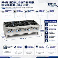 Cuisinière à gaz commerciale de table en acier inoxydable à 8 brûleurs, robuste, 20000 BTU, pour restaurant, restauration, camion de nourriture