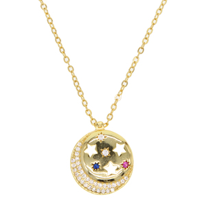 Collana Promozionale Luna e Stella Placcata Oro e Oro Rosa, con Stella e Luna Intagliate, Zirconi Blu e Rossi Colorati, Gioielli alla Moda - Product Image 3