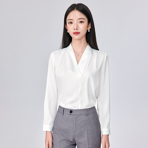 White Long Sleeve Chiffon V Neck Blouse Women Solid Color Commuting Shirt Polyester Fabric - Product Image 1