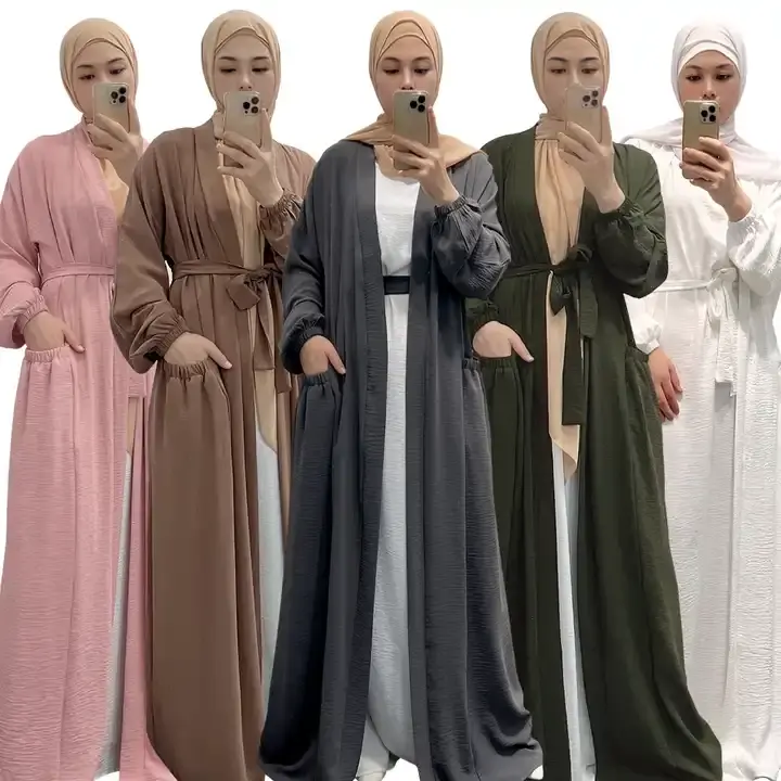 Abaya terbaru desain kaftan abaya pakaian Islami kerut lembut poliester dengan saku abaya terbuka