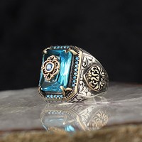 Bague Sceau Turque Homme en Argent Ancien avec Texture Sculptée et Incrustation de Pierre Précieuse, Style Punk Hip Hop, Bijoux et Accessoires Femme